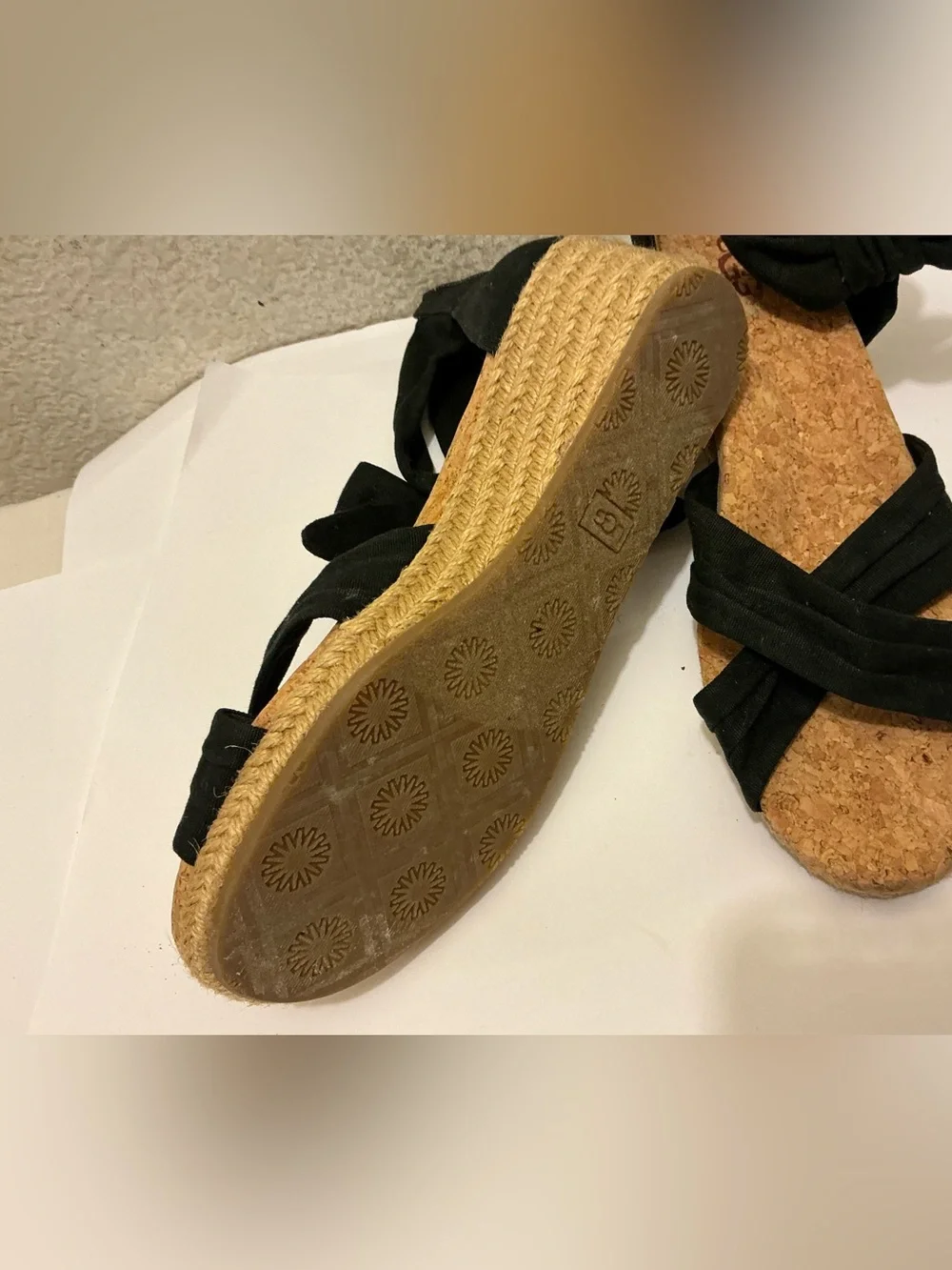 Ugg Traci Espadrille Wedge Sandals Women 7.5 Black Open Toe Ankle Bow Casual Zip